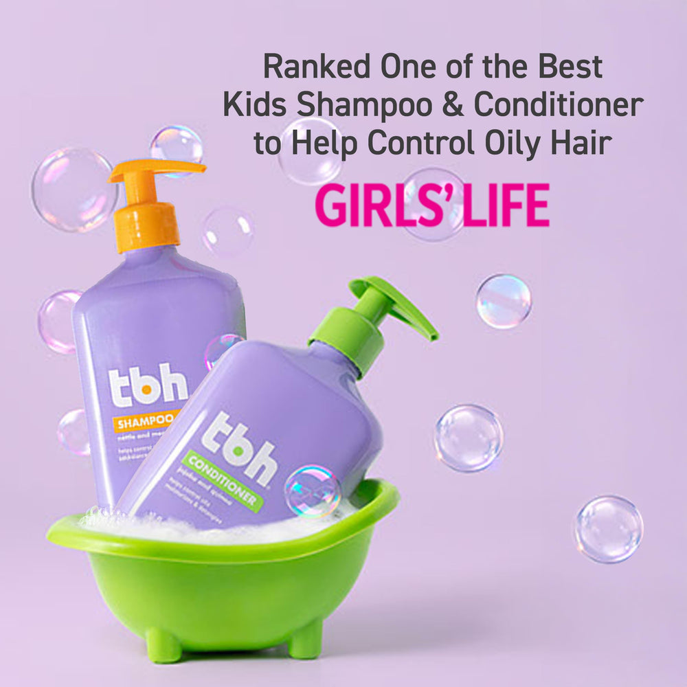 TBH Teen & Kids Shampoo bathroom-scene depicts kid-friendly routine and hydrating feel.