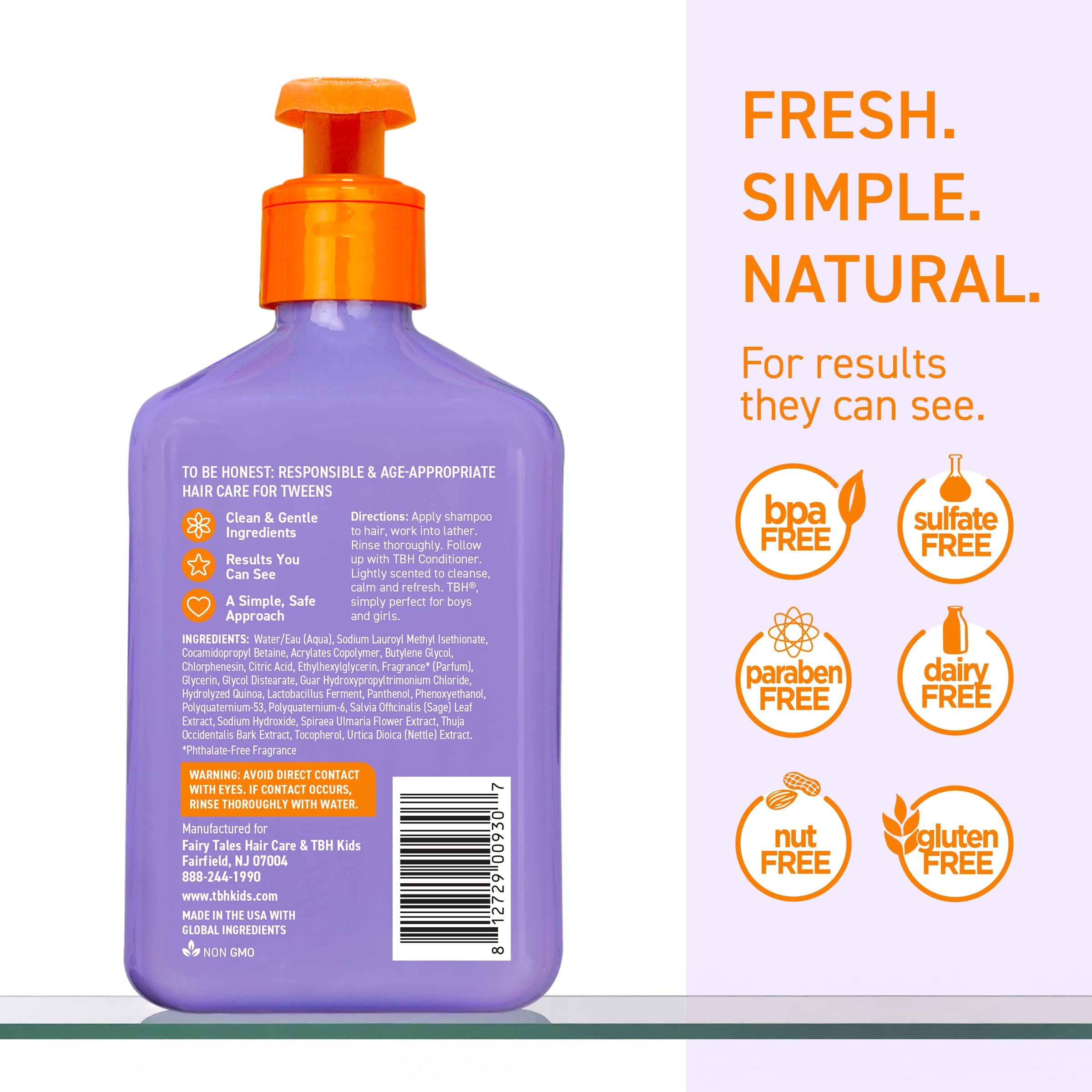 TBH Teen & Kids Shampoo label notes sulfate-free formula for gentle cleansing.