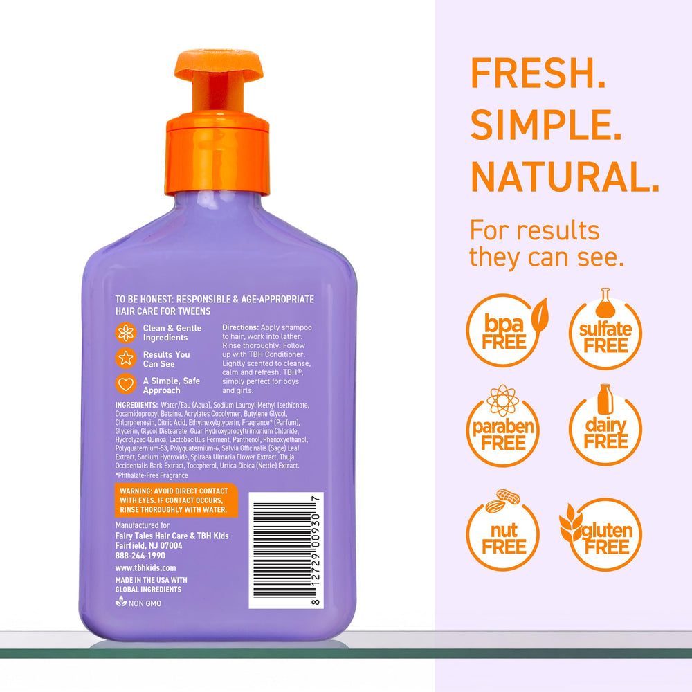 TBH Teen & Kids Shampoo label notes sulfate-free formula for gentle cleansing.