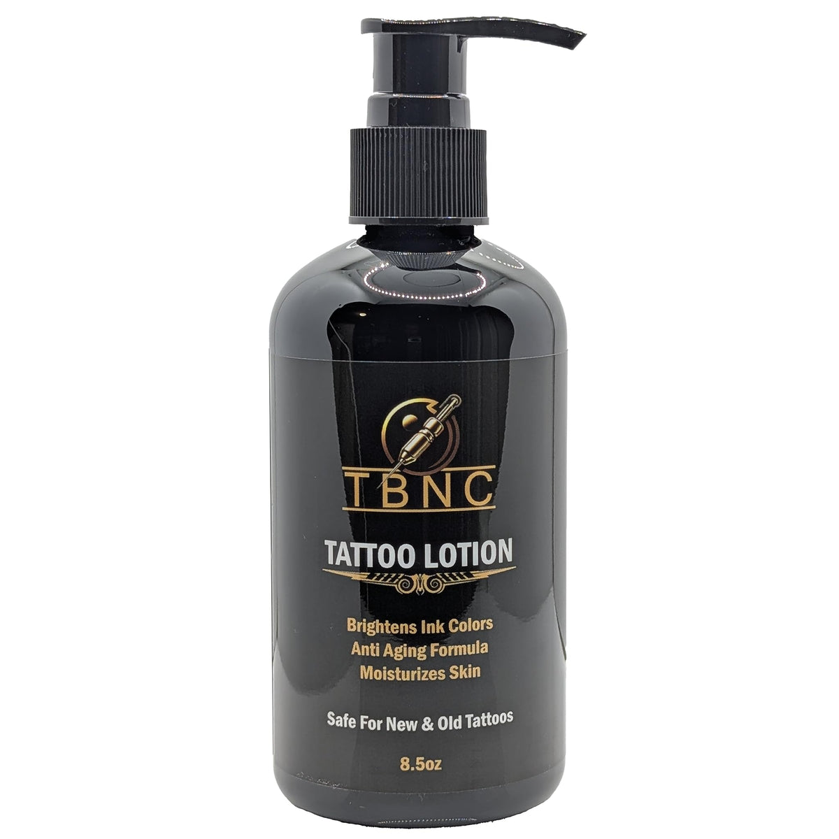 TBNC Tattoo Aftercare Lotion bottle demonstrates quick absorption for comfortable wear.