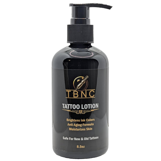TBNC Tattoo Aftercare Lotion bottle demonstrates quick absorption for comfortable wear.