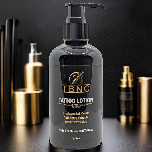 TBNC Tattoo Aftercare Lotion ingredients label highlights aloe vera and coconut oil for nourishment.