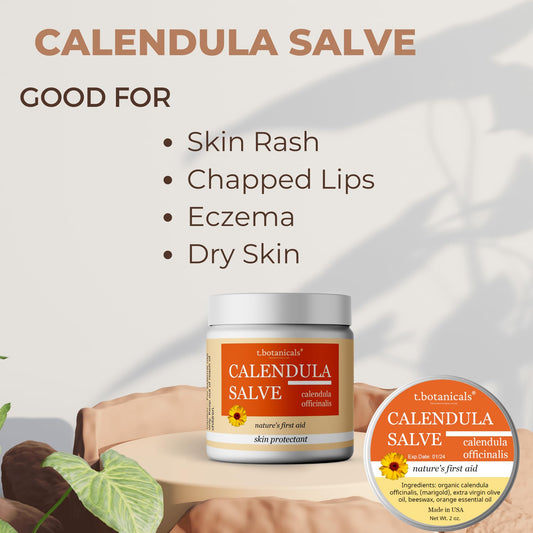 t.botanicals Calendula Salve jar closeup shows calendula infusion for soothing care