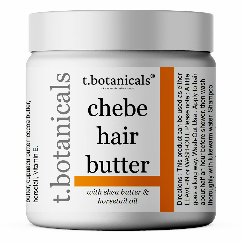 t.botanicals Chebe Hair Oil bottle showing a hydrating, long-lasting moisture boost for dry hair.