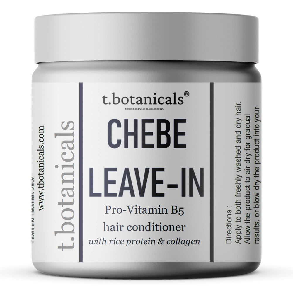 t.botanicals Chebe leave-in bottle offers lightweight moisture and shine.