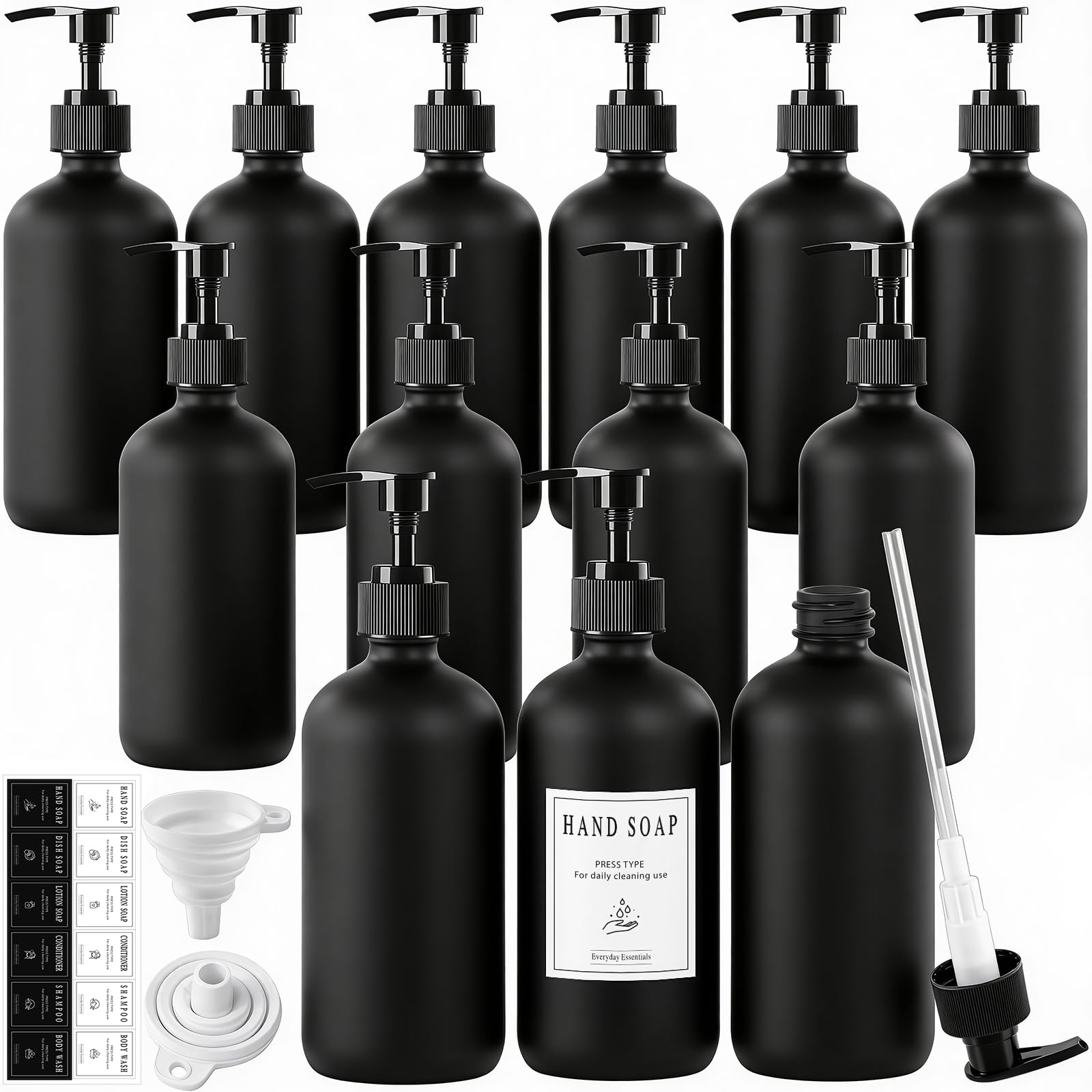 TBWIND 12-pack 16oz glass dispenser bottles organized for bathroom or kitchen use