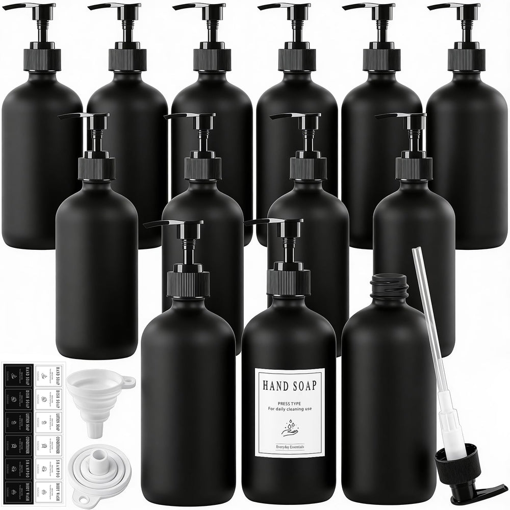 TBWIND 12-pack 16oz glass dispenser bottles organized for bathroom or kitchen use