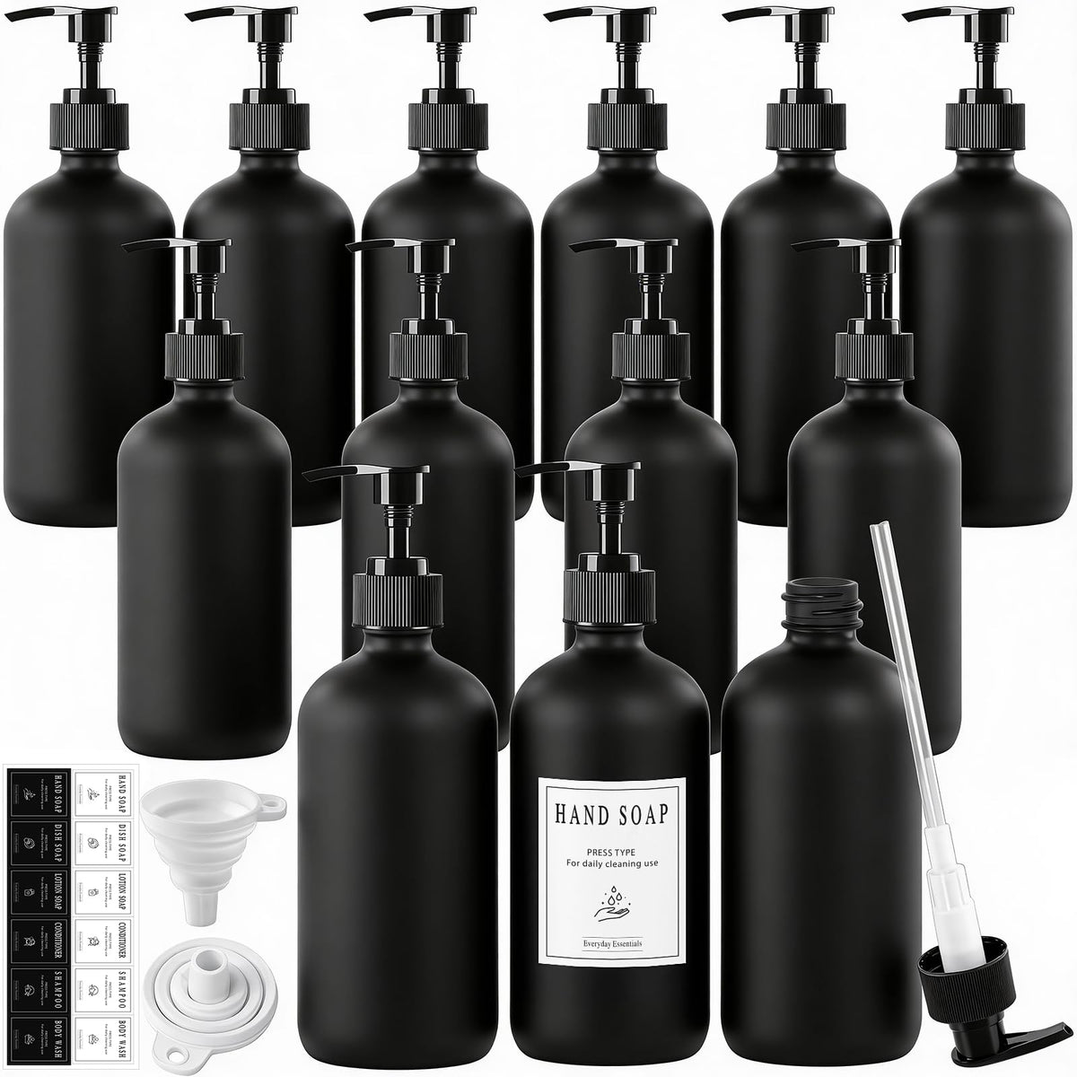 TBWIND 12-pack 16oz glass dispenser bottles organized for bathroom or kitchen use