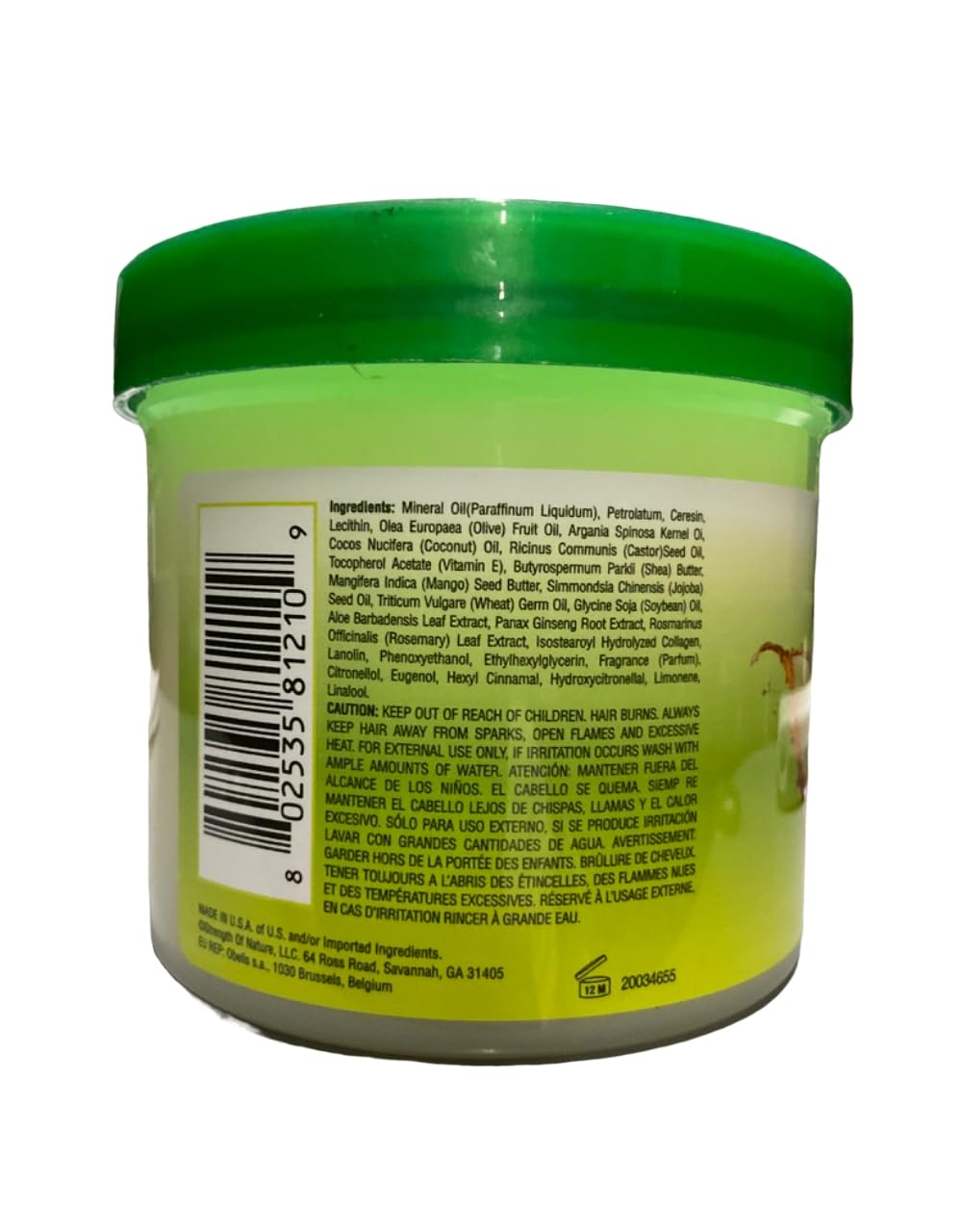 Tcb Naturals Olive Oil conditioner jar label close-up highlighting natural extracts for scalp nourishment.