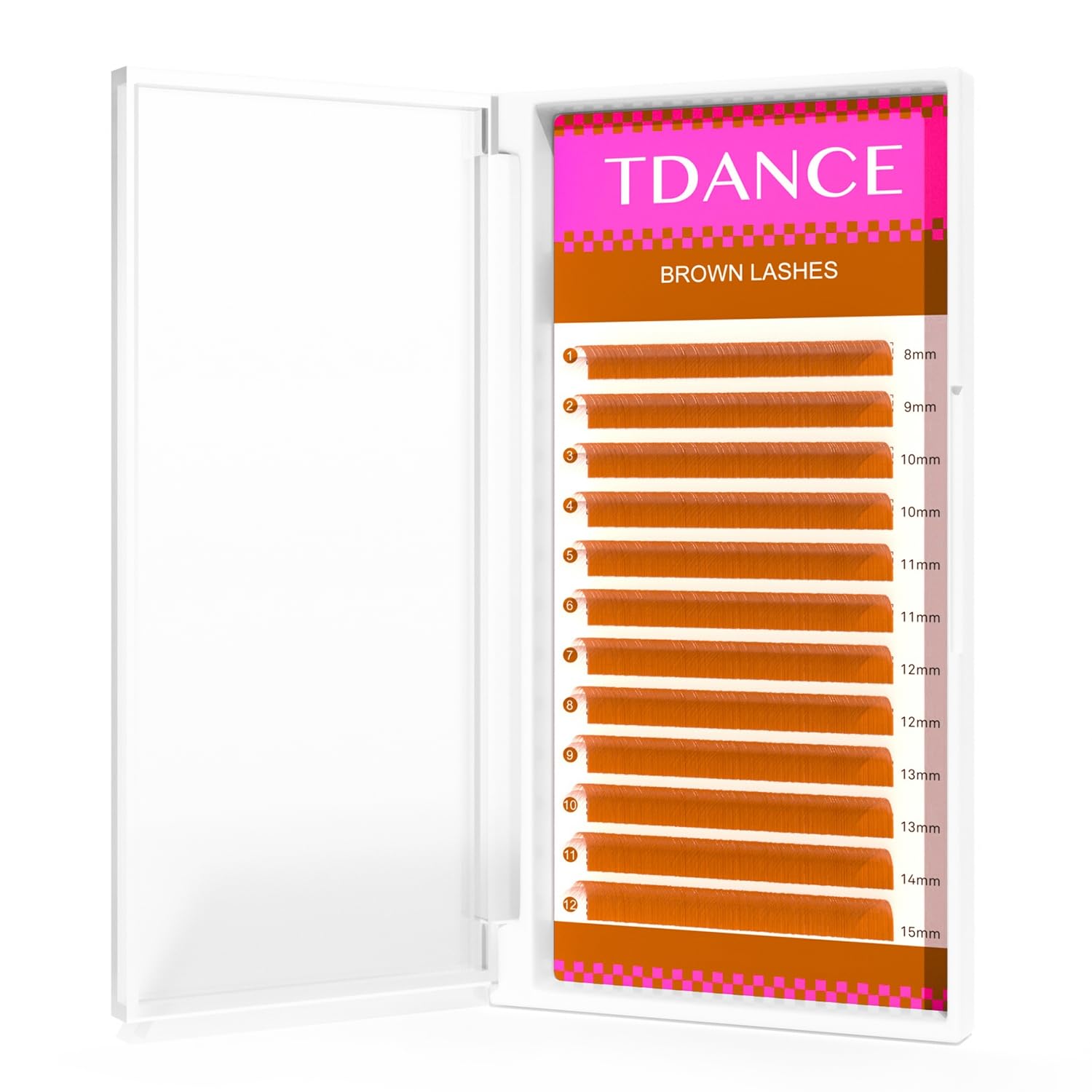 TDANCE brown lash extensions collection showing vibrant color blend along natural lashes