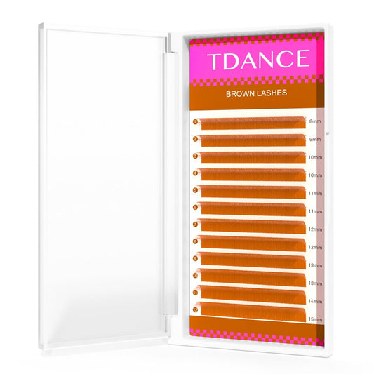 TDANCE brown lash extensions collection showing vibrant color blend along natural lashes