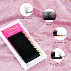TDANCE Cashmere Easy Fan Lashes close-up shows 0.03mm thickness and D curl for precise volume.
