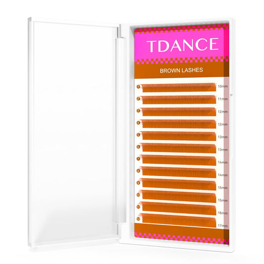 TDANCE light brown lash extensions closeup; subtle color blends for natural eyes.