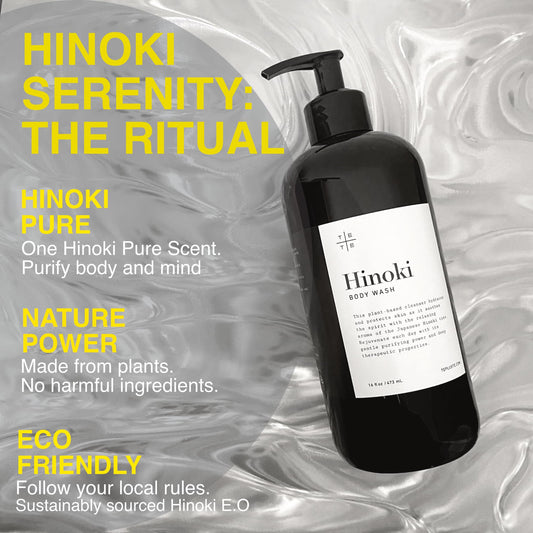 TE + TE Hinoki Body Wash label highlights pure Hinoki and a clean, plant-based formula.