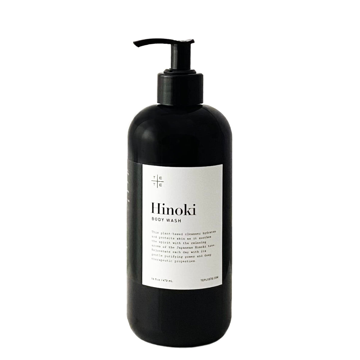 TE + TE Hinoki Body Wash bottle pour highlights a calming, Hinoki-infused cleanse.