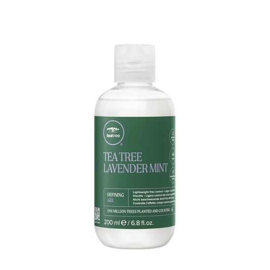 Tea Tree Lavender Mint Defining Gel bottle showing lightweight frizz control for curls.