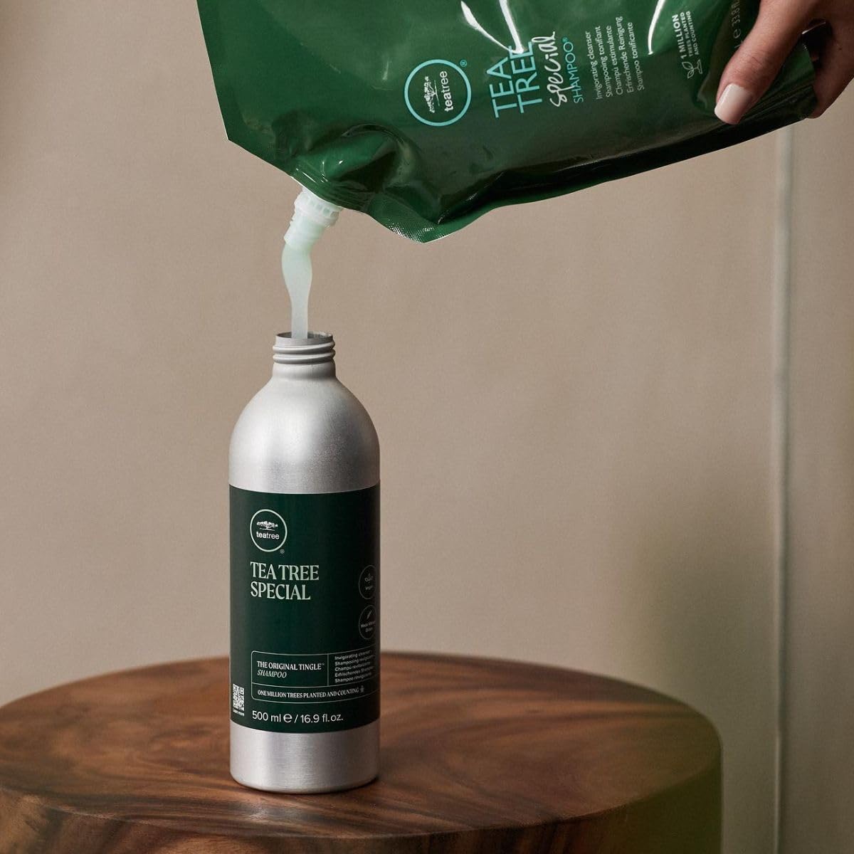Tea Tree Special aluminum bottle refill pouch promotes sustainable reuse and reduced waste.