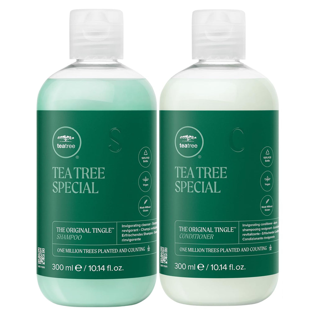 Tea Tree Special Shampoo bottle, invigorating scalp care with peppermint and tea tree