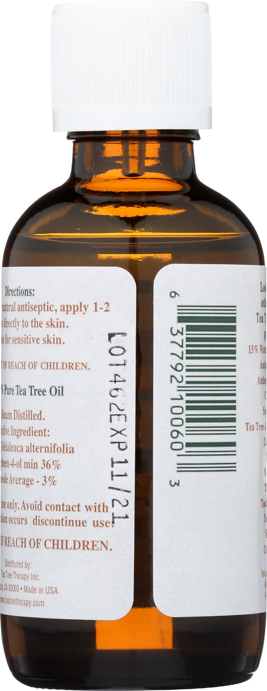 Tea Tree Therapy label closeup highlighting pure Australian tea tree oil quality and purity.