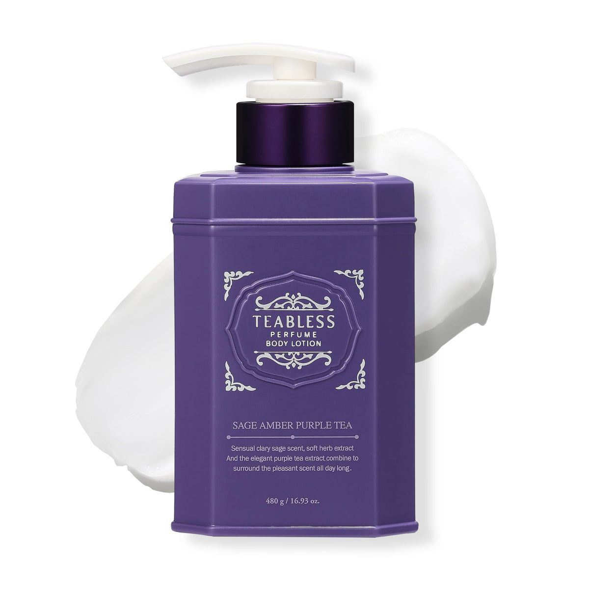 TEABLESS Sage Amber Purple Tea Lotion bottle showcasing elegant floral-woody scent for daily hydration.