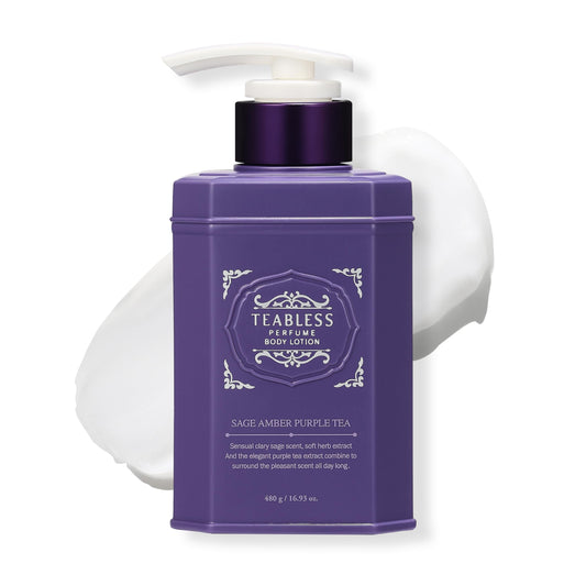 TEABLESS Sage Amber Purple Tea Lotion bottle showcasing elegant floral-woody scent for daily hydration.