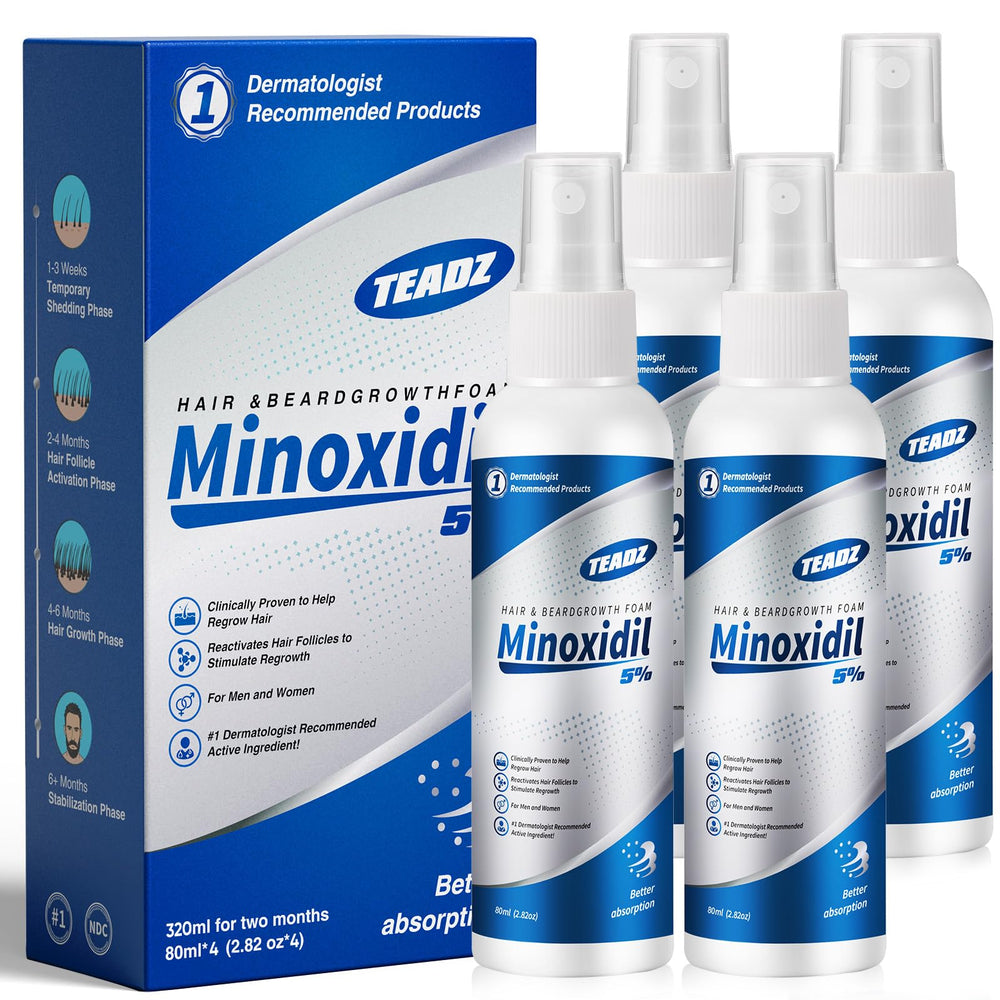 TEADZ 5% Minoxidil bottle front view supports daily scalp application.