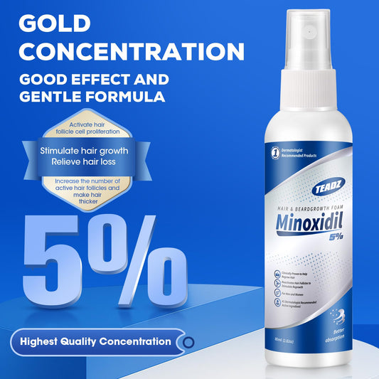 TEADZ Minoxidil spray application demonstrates convenient daily use for targeted areas.