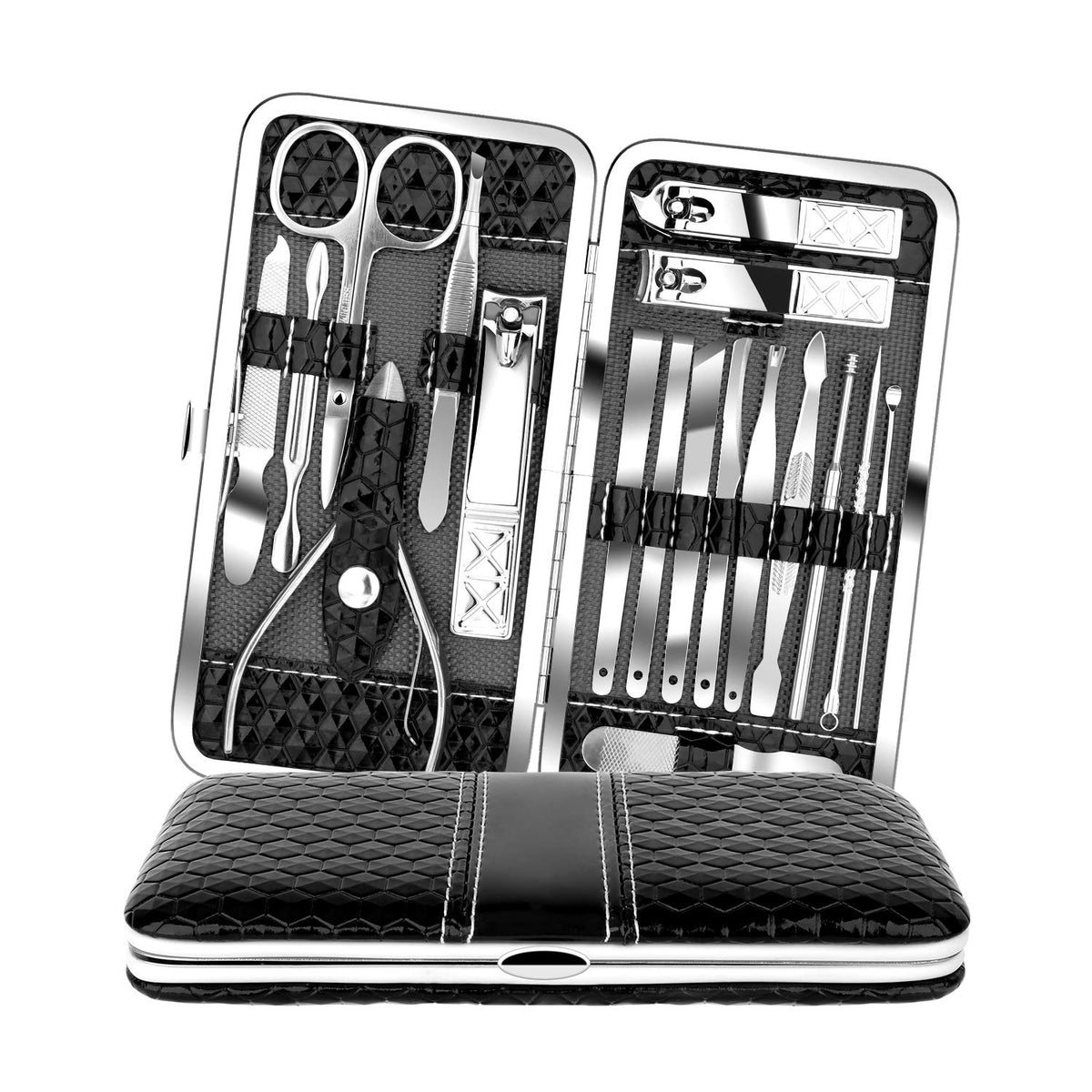 Teamkio 18-in-1 set in a black case opened for easy access to tools