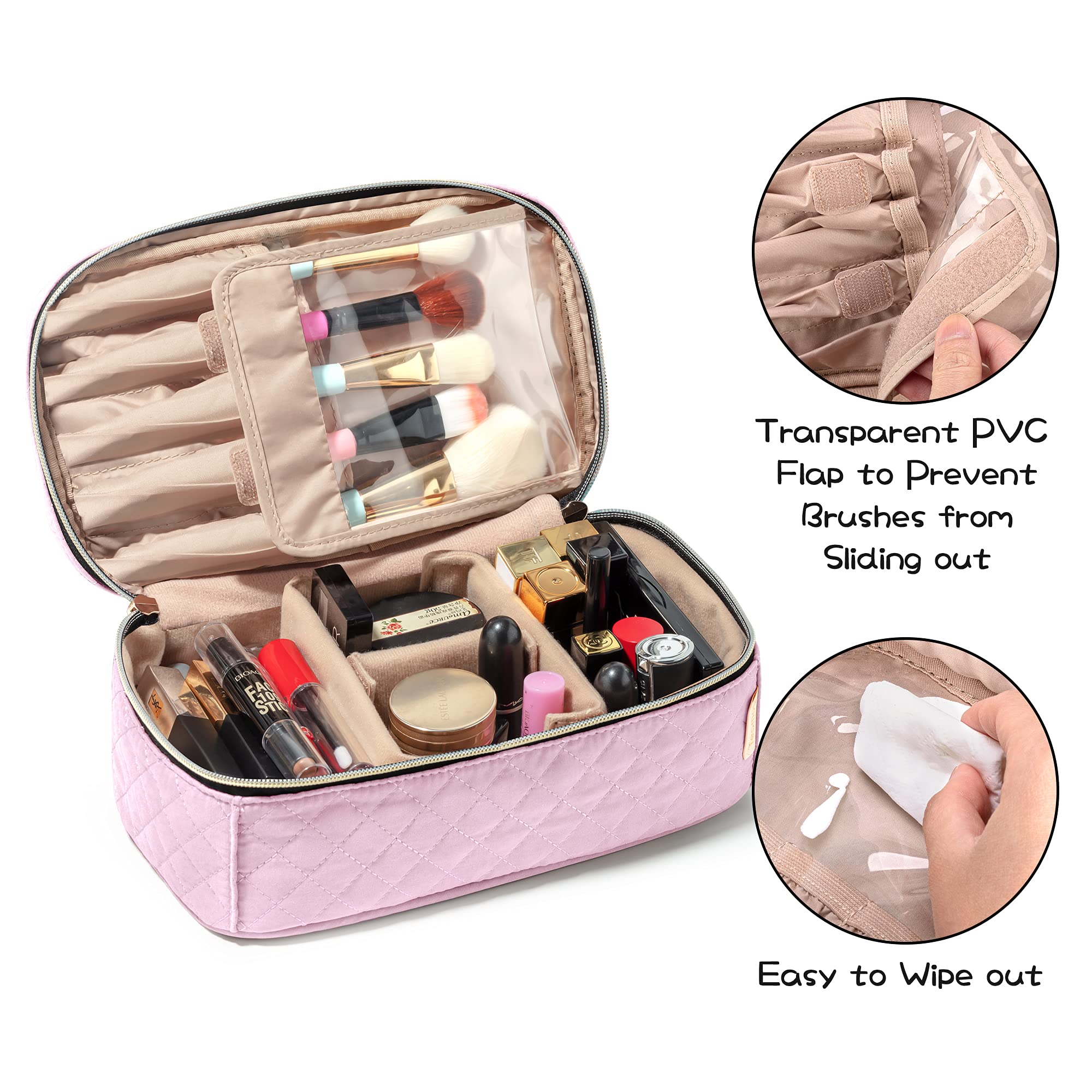Teamoy pink travel makeup case top handle view for easy portability