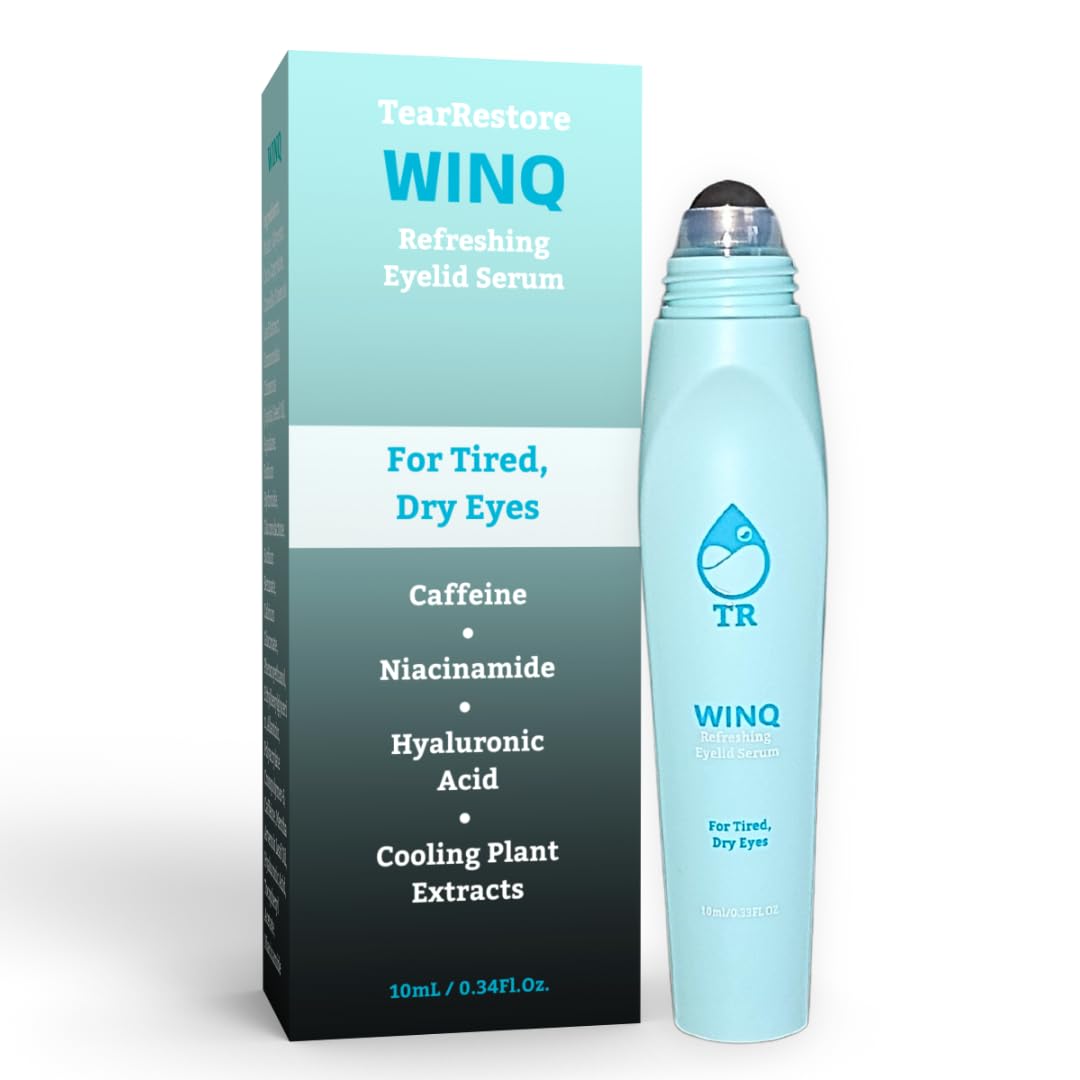 TearRestore WINQ eyelid serum bottle on a clean surface for refreshing under-eye care.