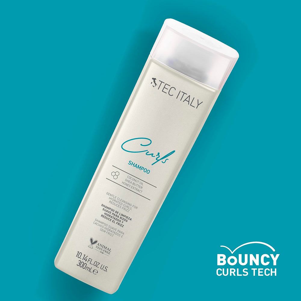 Tec Italy Curls Shampoo close-up on glossy curls for definition.
