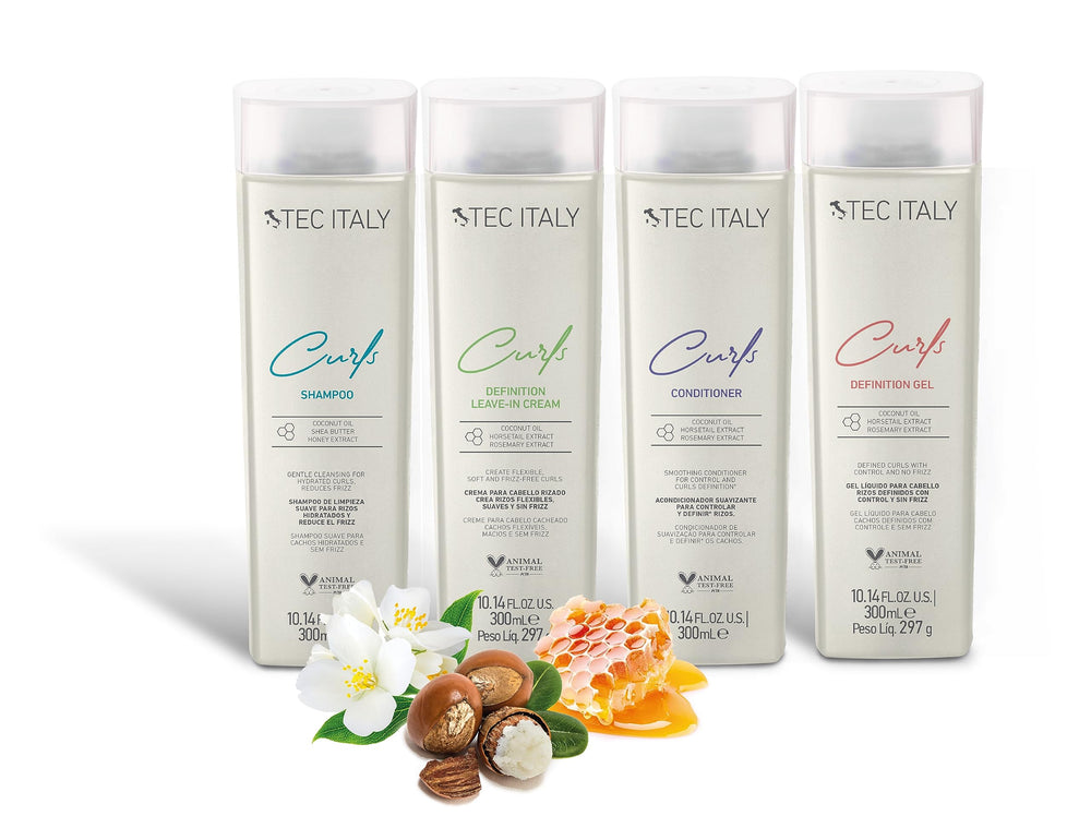 Tec Italy Curls Shampoo packaging highlights Italian craft for daily curl care.
