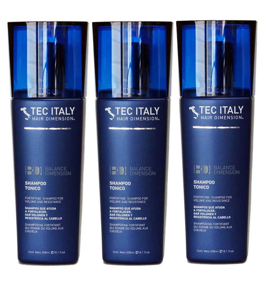 Tec Italy Tonico shampoo bottle shows volumizing formula for fuller hair