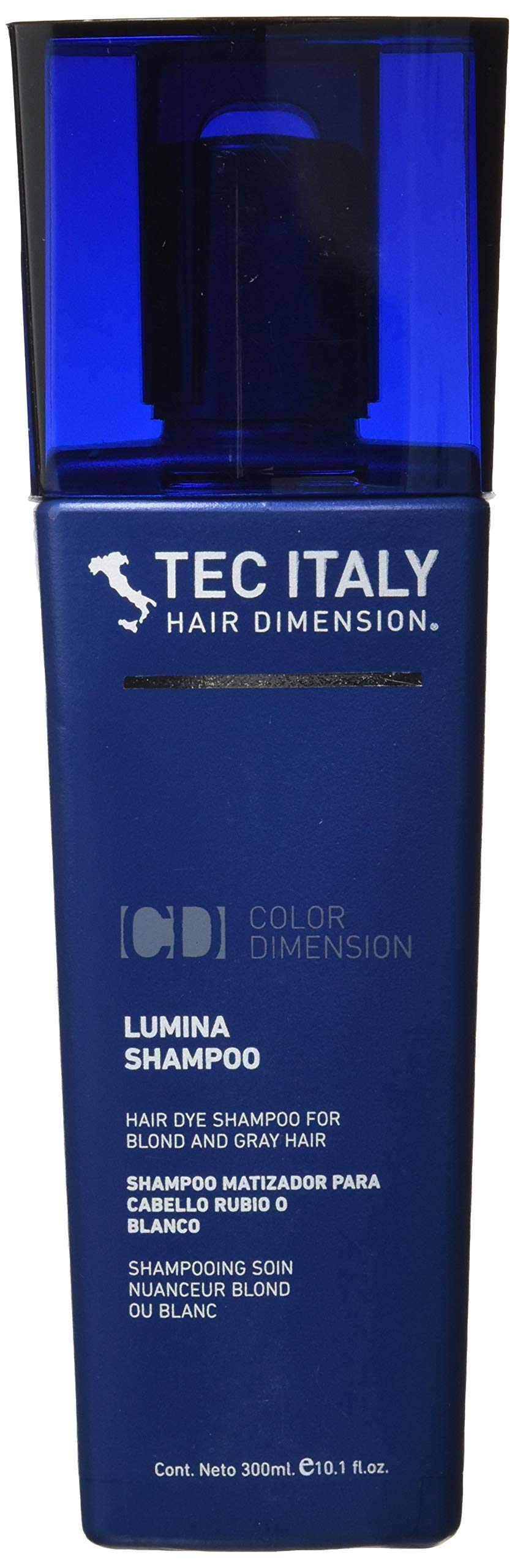 Tec Italy Lumina Purple Shampoo bottle close-up for toning brass in blonde hair.
