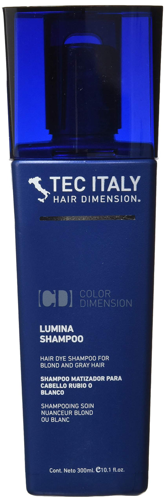 Tec Italy Lumina Purple Shampoo bottle close-up for toning brass in blonde hair.