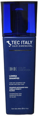 Tec Italy Lumina Purple Shampoo bottle close-up for toning brass in blonde hair.