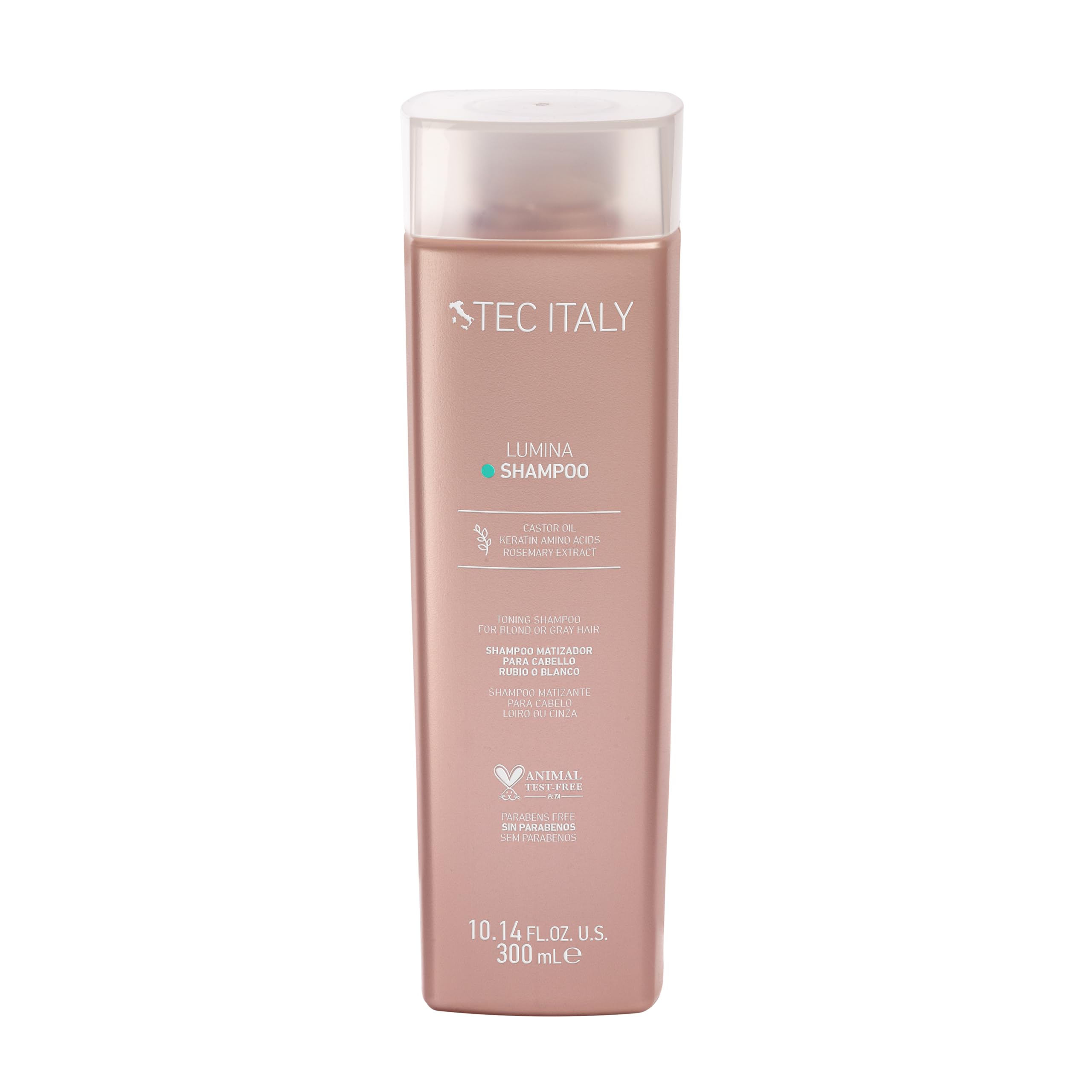Tec Italy Lumina Shampoo bottle with violet-toned formula neutralizing yellow tones and boosting silver brightness.