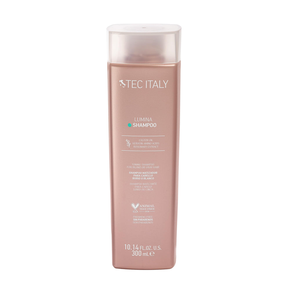 Tec Italy Lumina Shampoo bottle with violet-toned formula neutralizing yellow tones and boosting silver brightness.