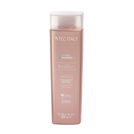 Tec Italy Lumina Shampoo bottle with violet-toned formula neutralizing yellow tones and boosting silver brightness.