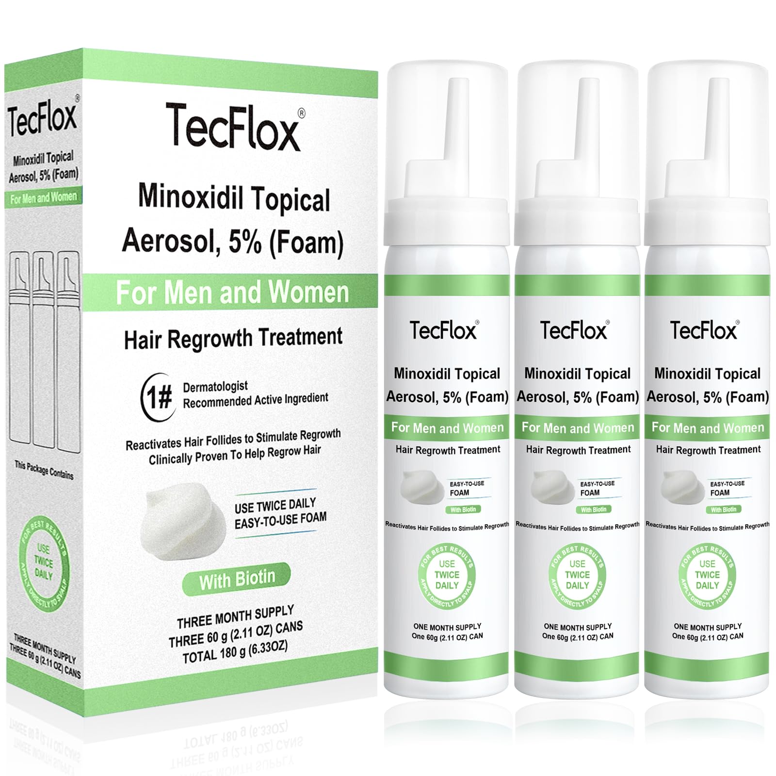 TeCFLOX Minoxidil Foam 5% bottle for scalp hair growth support
