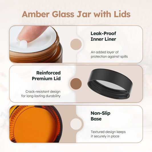 Tecohouse amber jar with airtight screw-top lid and liner for leaks.