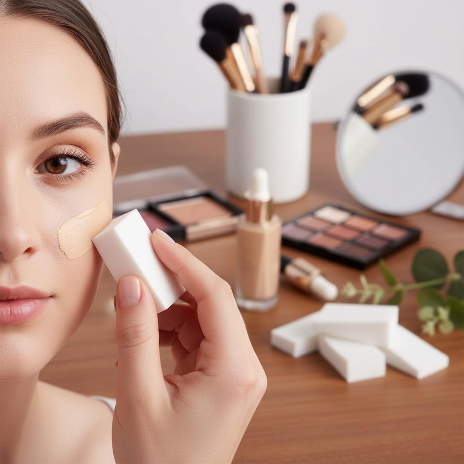 TecUnite wedge sponge used on the face for precise blending.