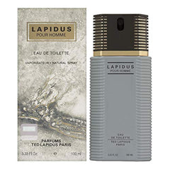 Close-up of Lapidus by Ted Lapidus for Men bottle highlighting premium design for gifting.