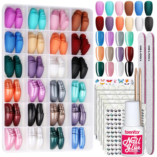 Teenitor 24-pack coffin nails set in box with glossy and matte options for home manicures.