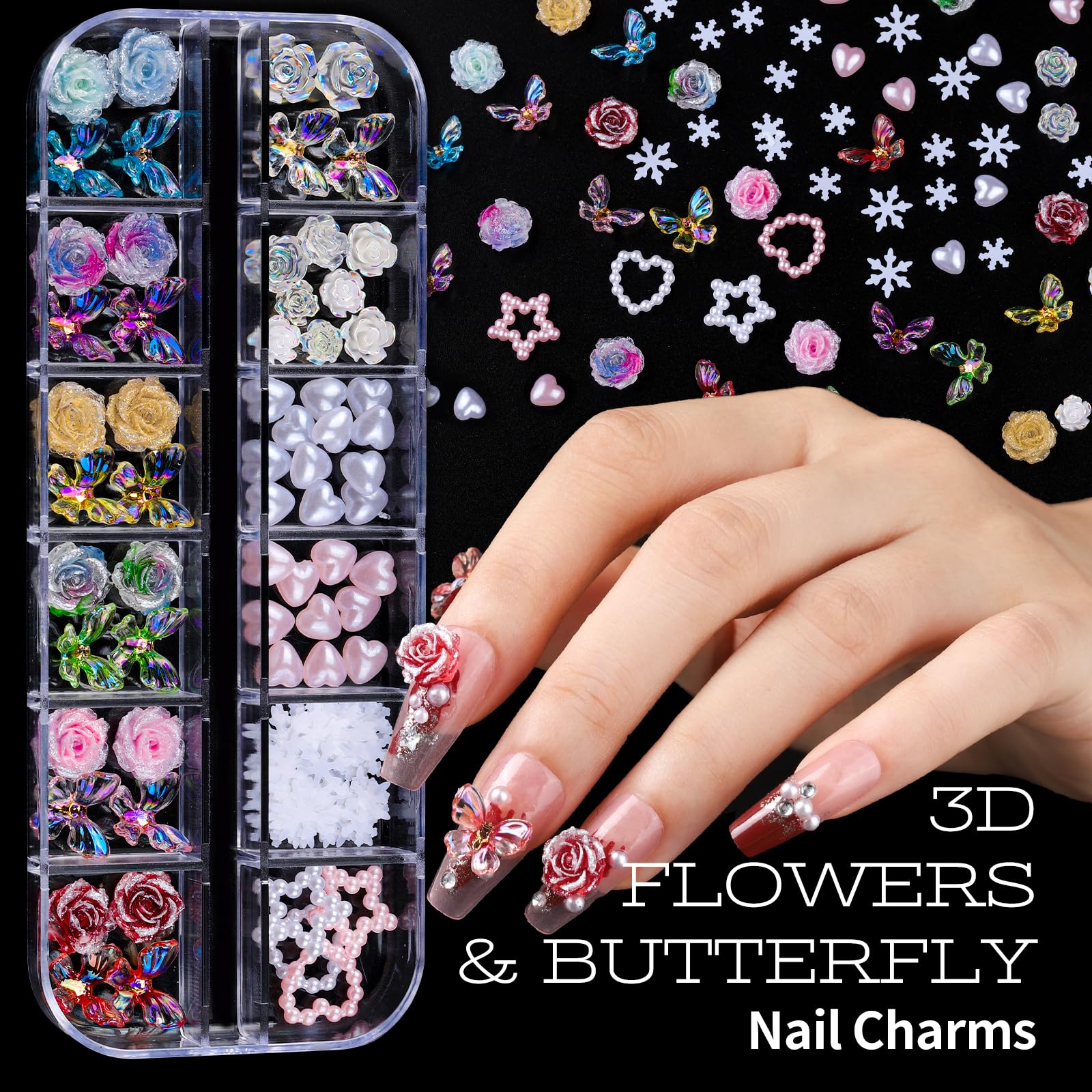 Teenitor 3D nail charms featuring flowers and butterflies for vibrant designs.