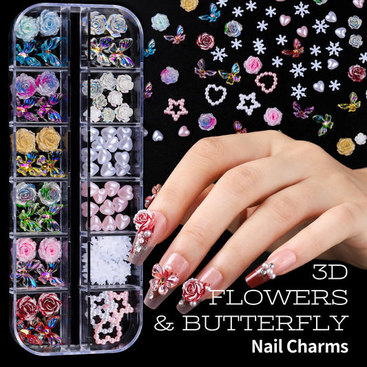Teenitor 3D nail charms featuring flowers and butterflies for vibrant designs.