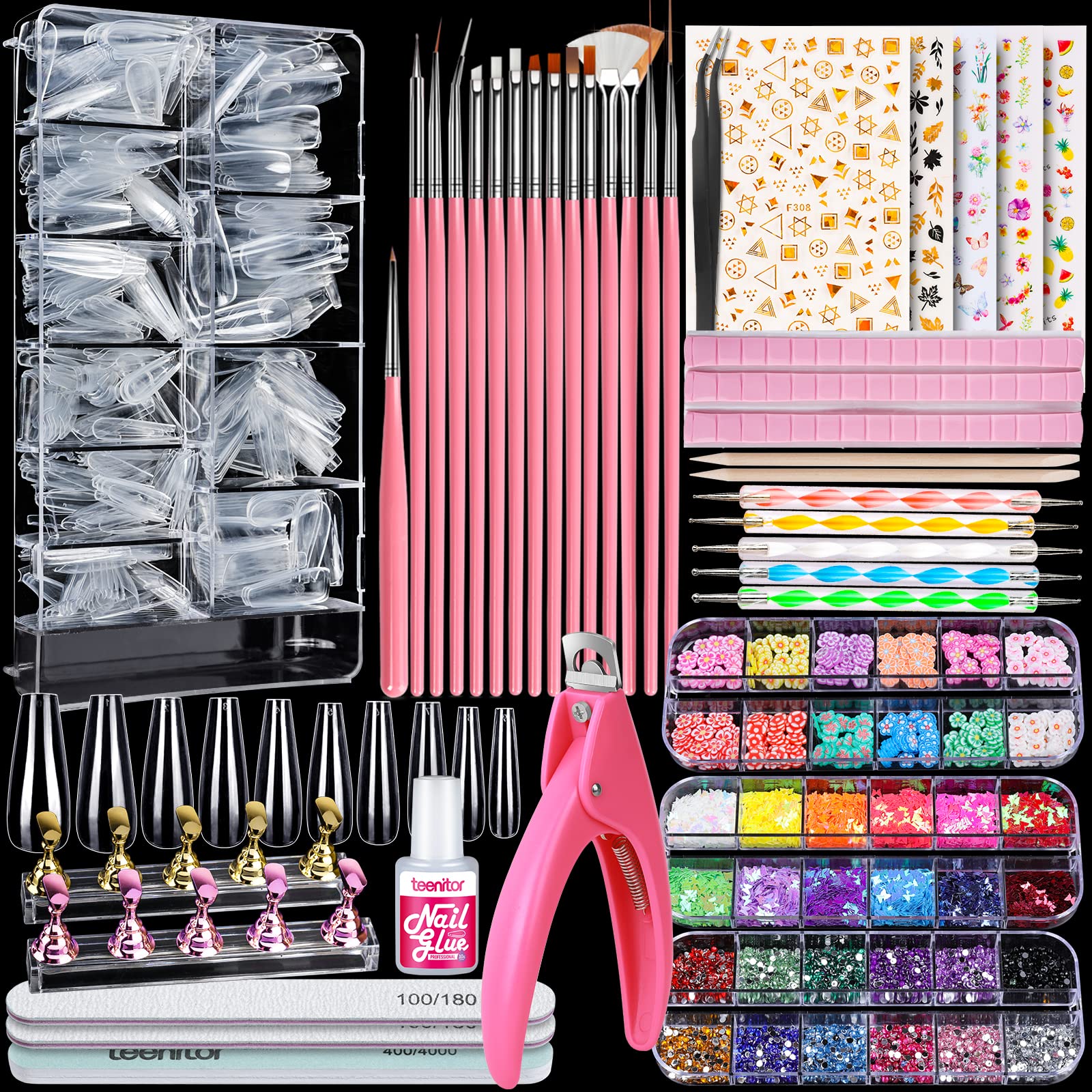 Teenitor acrylic fake nails kit with clear coffin tips for durable at-home manicures.