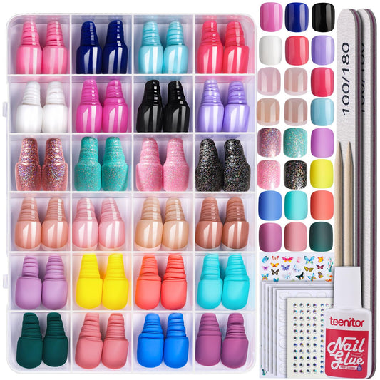 Teenitor short square press on nails kit for quick at-home manicures with glue and tools.