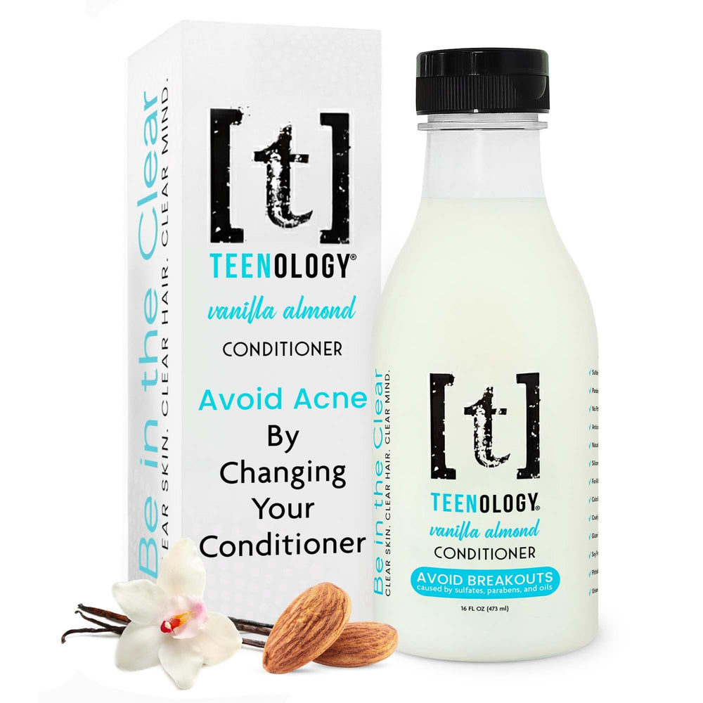 Teenology Teen Conditioner Vanilla Almond bottle showcases the product for clear skin and healthy hair.