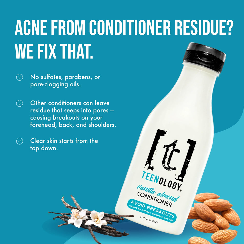 Teenology Teen Conditioner Vanilla Almond label highlights non-toxic formula for acne-prone skin.